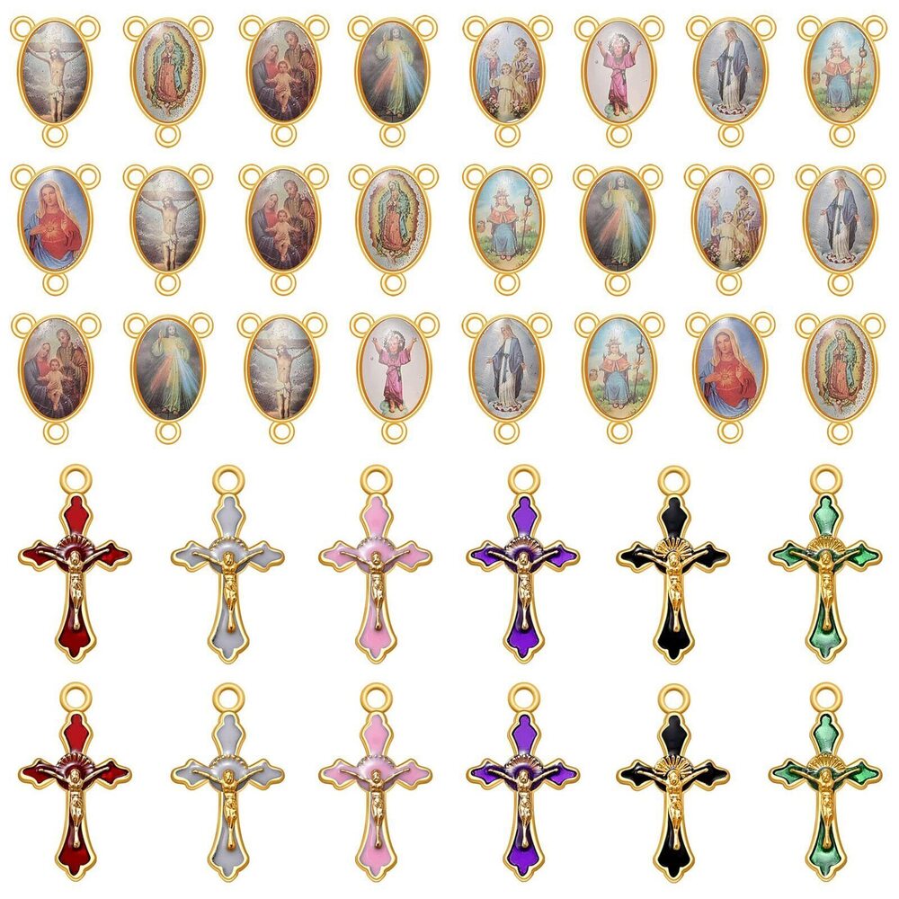 9323 60Pcs/30Set Rosary Kits Cross and Center Medal Charms Alloy Picture